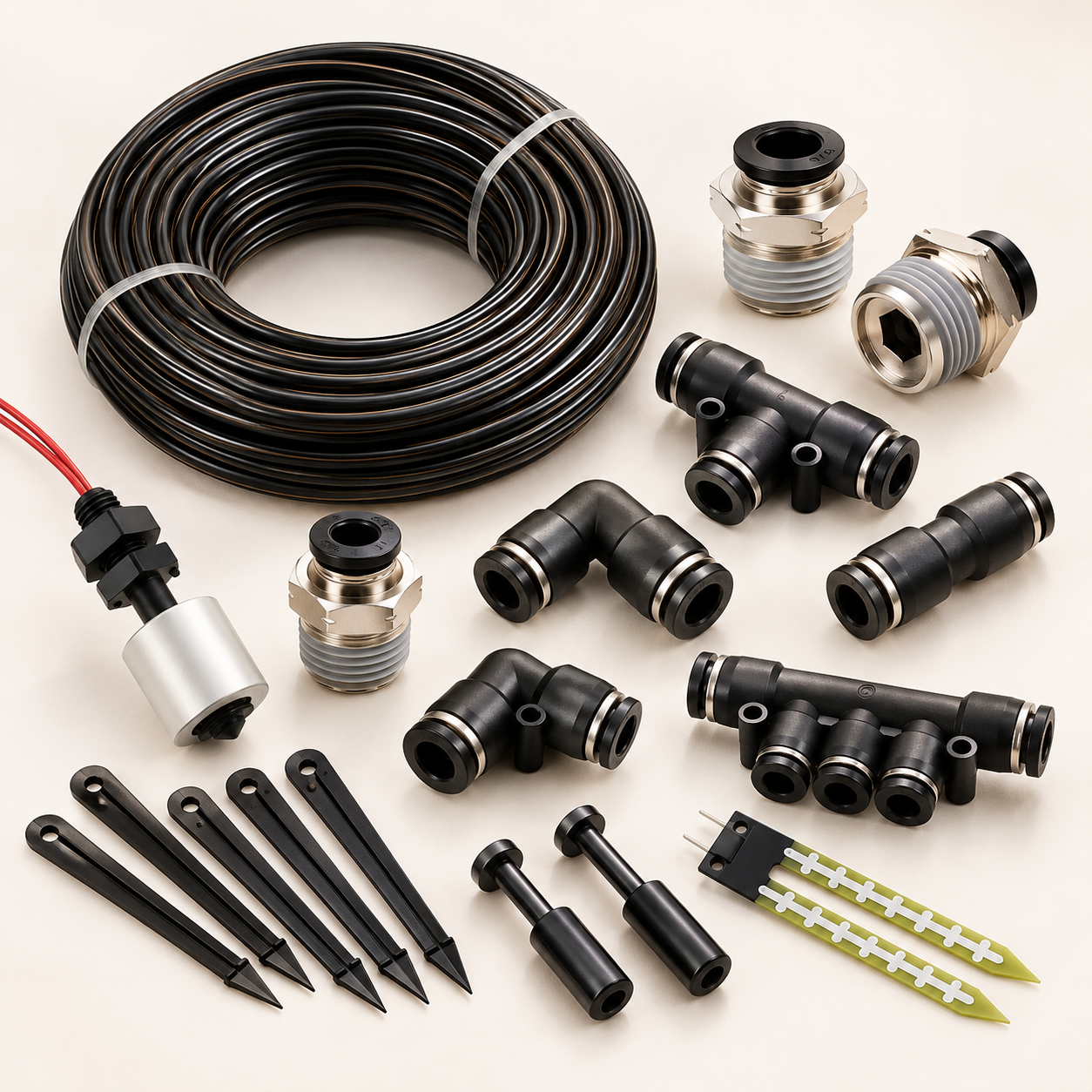 irrigation fittings and sensor accessories flat lay